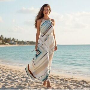 White House Black Market Cream Striped Summer Maxi Dress, 0, NWOT